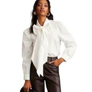 Mare Mare Anthropologie Small Petite White Oversized Bow Puff Sleeve Poplin Top